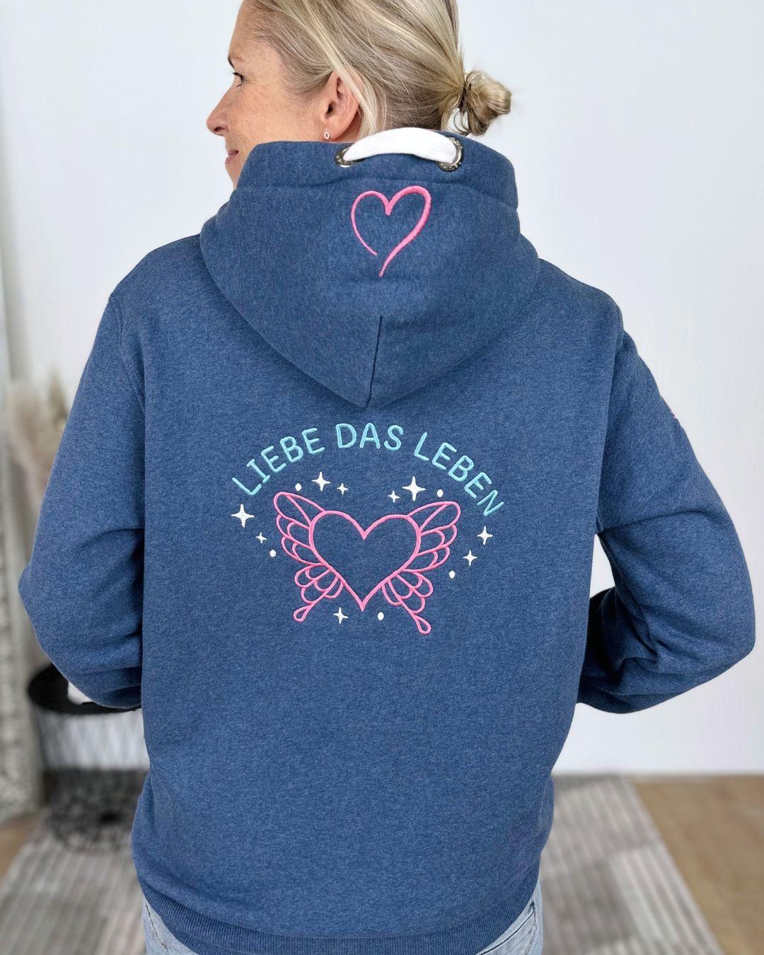 Herzlein® Sweatjacke "Liebe das Leben" mit Engelherz in Jeansblau meliert