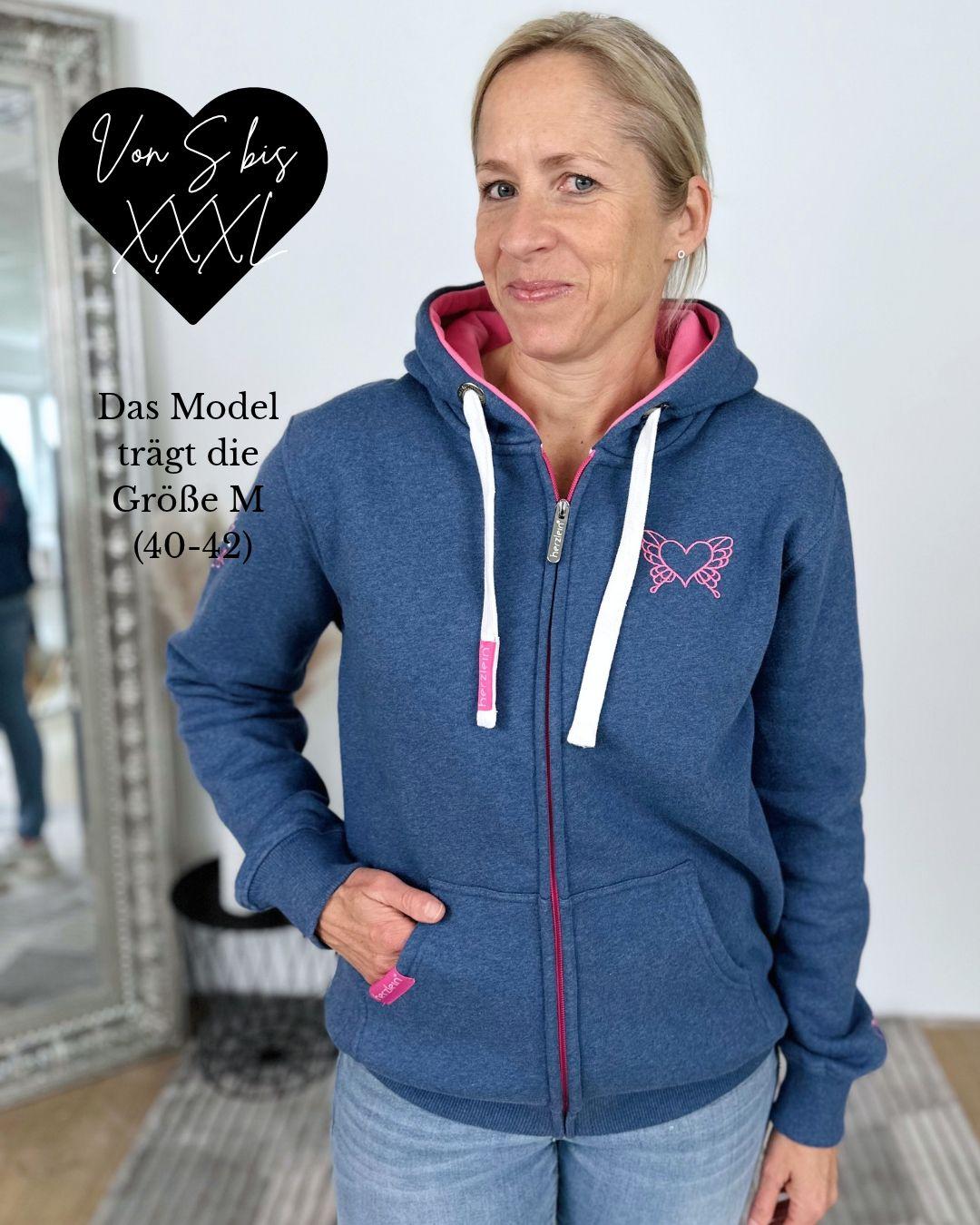 Herzlein® Sweatjacke "Liebe das Leben" mit Engelherz in Jeansblau meliert