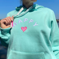 Herzlein® Hoodie für Damen Damenhoodie Kapuzenpullover aus Baumwolle mit Stick "Happy" in Mint Grün