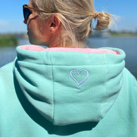 Herzlein® Hoodie für Damen Damenhoodie Kapuzenpullover aus Baumwolle mit Stick "Happy" in Mint Grün