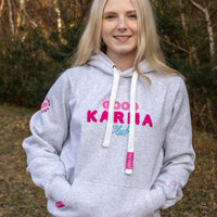 Herzlein® Hoodie für Damen Damenhoodie Kapuzenpullover aus Baumwolle in hell grau mit Stick "Good Vibes" Regenbogen