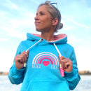 Herzlein® Hoodie für Damen Damenhoodie Kapuzenpullover aus Baumwolle mit Stick "Rainbow" Regenbogen in Hellblau Blau