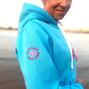 Herzlein® Hoodie für Damen Damenhoodie Kapuzenpullover aus Baumwolle mit Stick "Rainbow" Regenbogen in Hellblau Blau