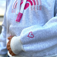 Herzlein® Hoodie für Damen Damenhoodie Kapuzenpullover aus Baumwolle in hell grau mit Stick "Rainbow" Regenbogen