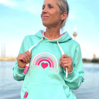 Herzlein® Hoodie für Damen Damenhoodie Kapuzenpullover aus Baumwolle mit Stick "Rainbow" Regenbogen in Mint Grün