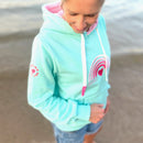 Herzlein® Hoodie für Damen Damenhoodie Kapuzenpullover aus Baumwolle mit Stick "Rainbow" Regenbogen in Mint Grün