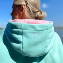 Herzlein® Hoodie für Damen Damenhoodie Kapuzenpullover aus Baumwolle mit Stick "Strand Meer Sonne" in Mint Grün