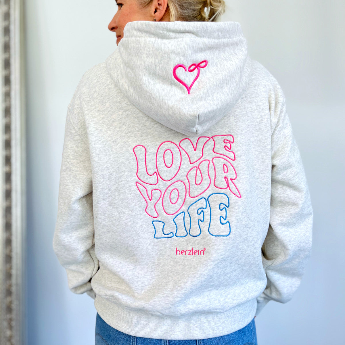 Herzlein® Hoodie "Love your life" in Hellgrau Beige meliert