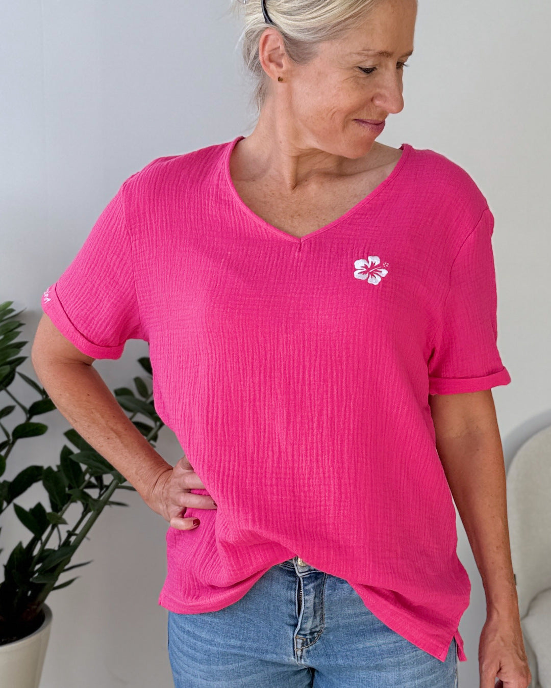 Herzlein® Musselin Shirt mit "Hibiskus-Stick" in Pink