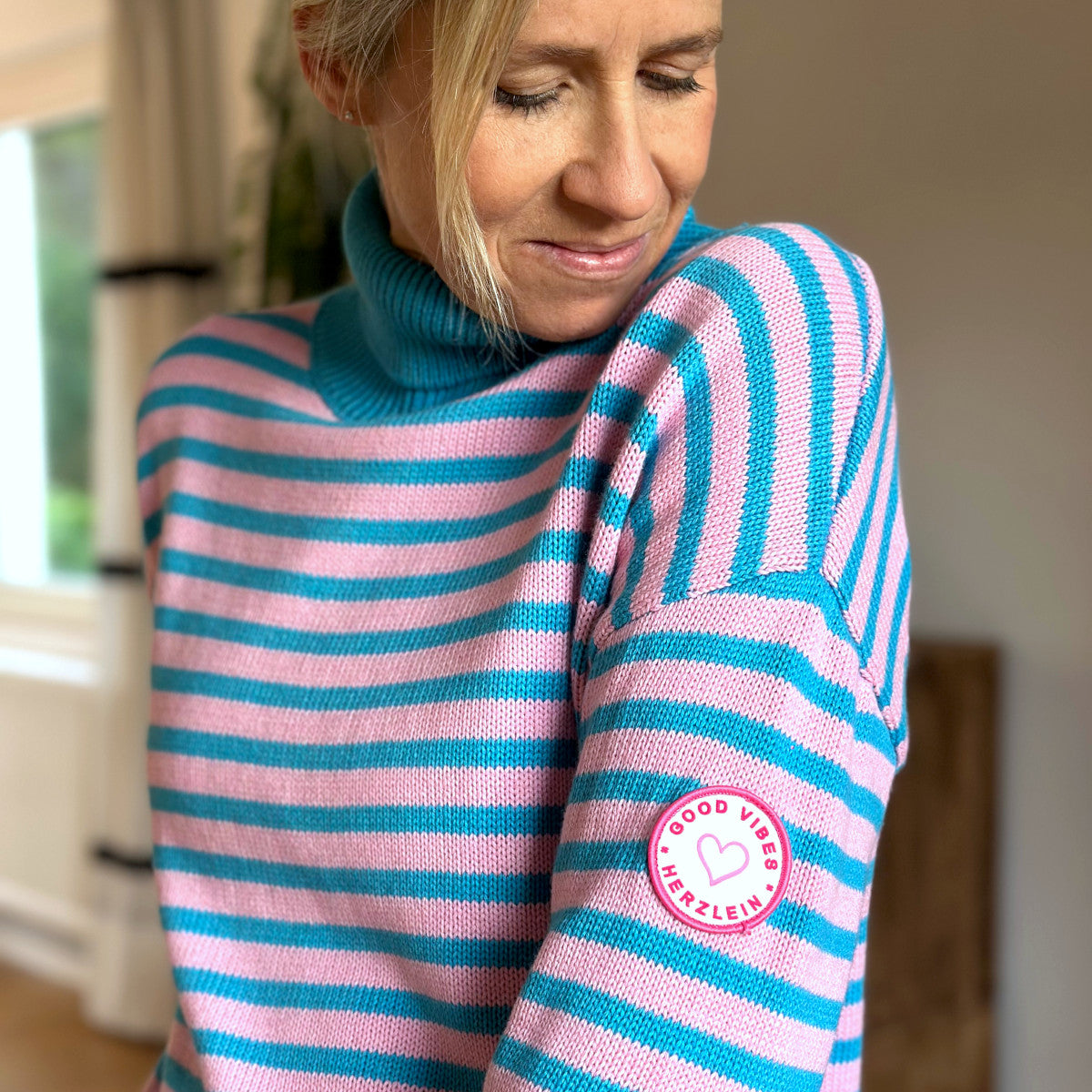 Herzlein® Strickpullover in Türkis - Rosa