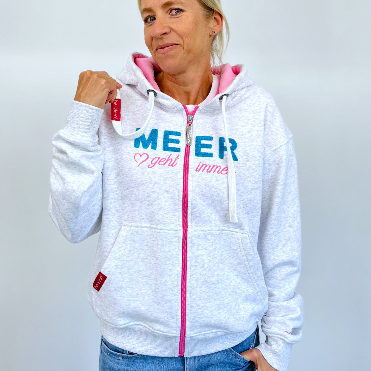 Herzlein® Sweatjacke "MEER geht immer" in Hellgrau meliert