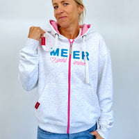 Herzlein Sweatjacke mit Kapuze und Reißverschluss aus Baumwolle Hoodie Kapuzenpullover für Damen Damenhoodie Herz Herzchen Meer geht immer Strand in Hellgrau grau