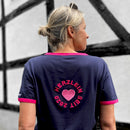 Herzlein® T-Shirt für Damen mit 3D Stick "Strand" Damenshirt mit Herz Shirt aus Baumwolle in Navy Blau mit Pink