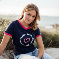 Herzlein® T-Shirt für Damen mit 3D Stick "Strand" Damenshirt mit Herz Shirt aus Baumwolle in Navy Blau mit Pink