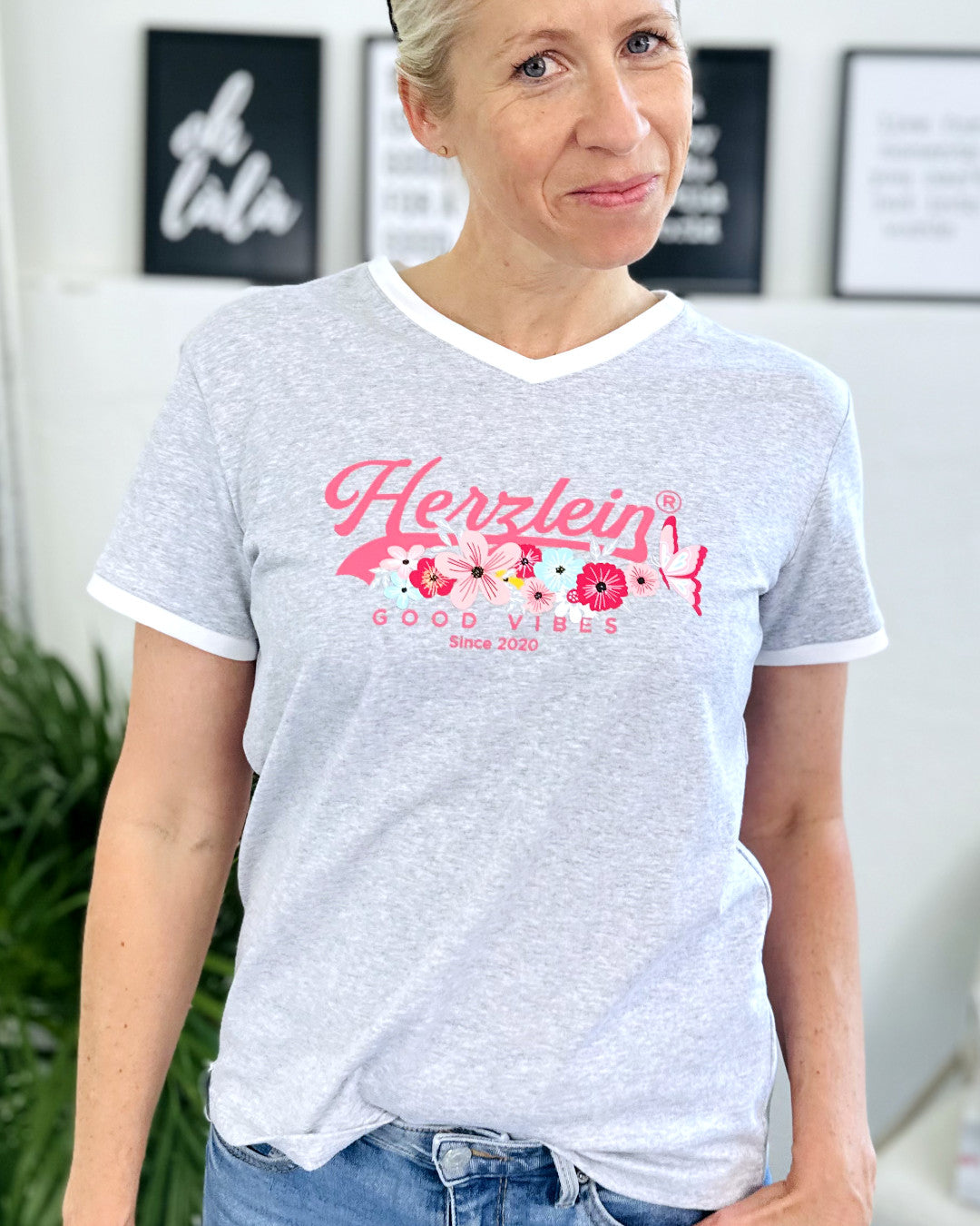 Herzlein® T-Shirt "Flowers" in meliertem Grau