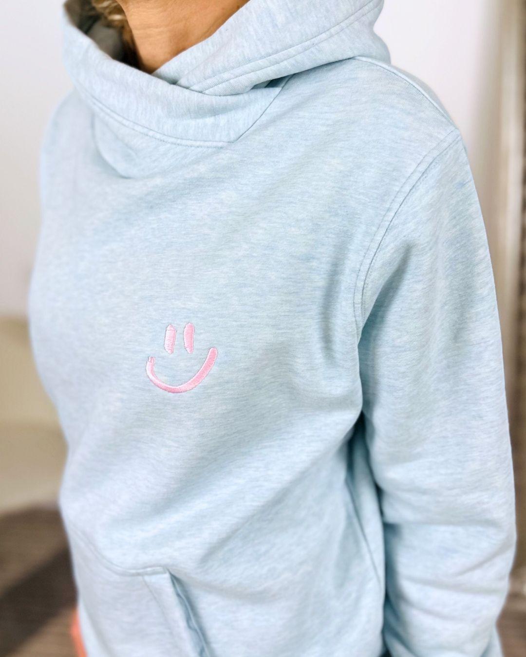 Herzlein® Kuschel Hoodie "Smiley" in meliertem Hellblau