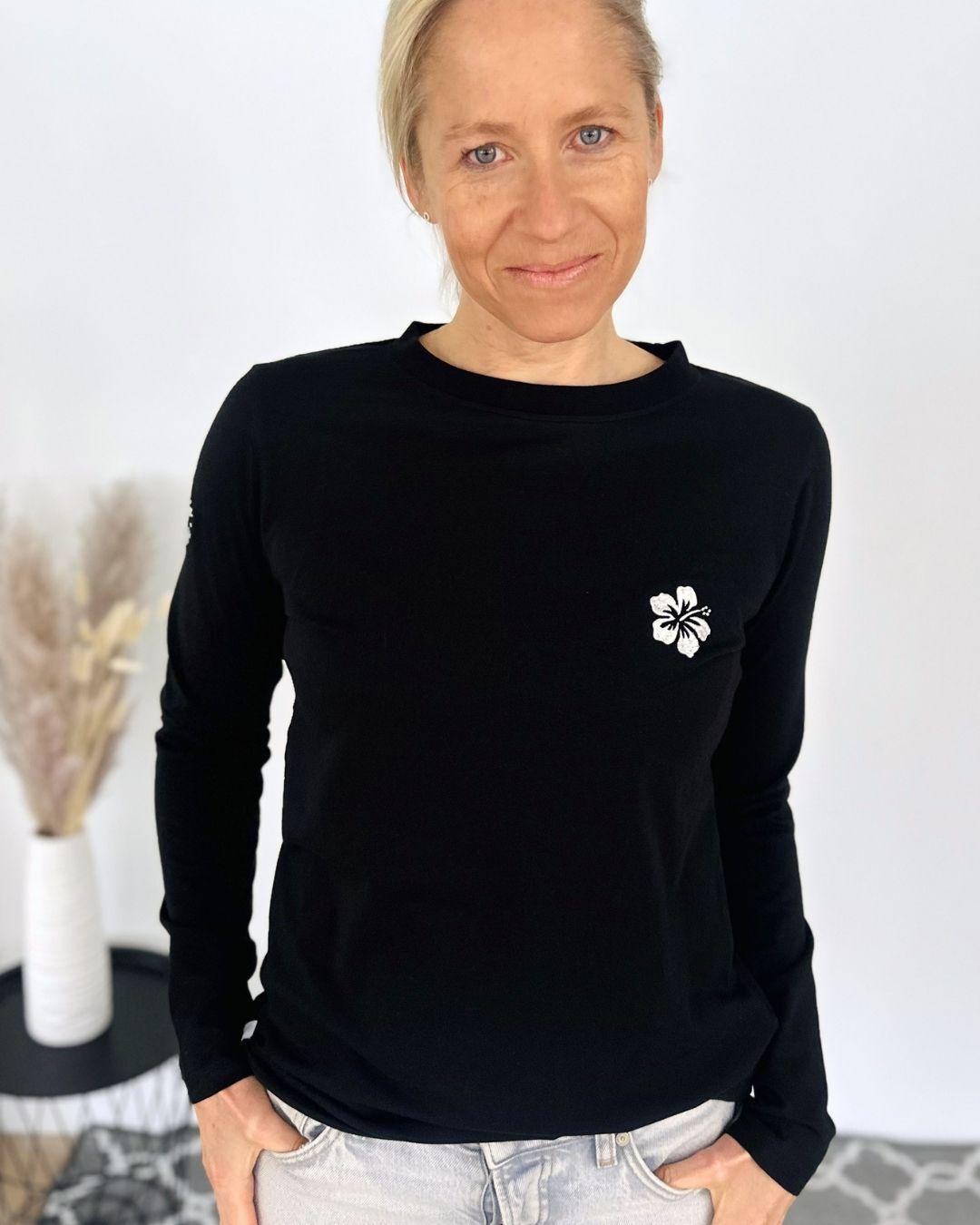 Herzlein® Longsleeve-Shirt mit Hibiskus in Schwarz