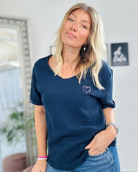 Herzlein® Musselin Shirt in Navy Blau