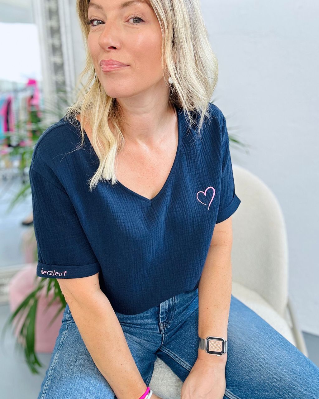 Herzlein® Musselin Shirt in Navy Blau