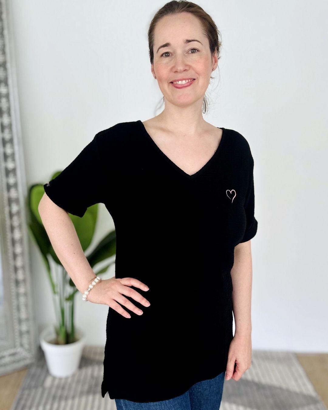 Herzlein® Musselin Tunika Shirt mit "Herzchen-Stick" in Schwarz