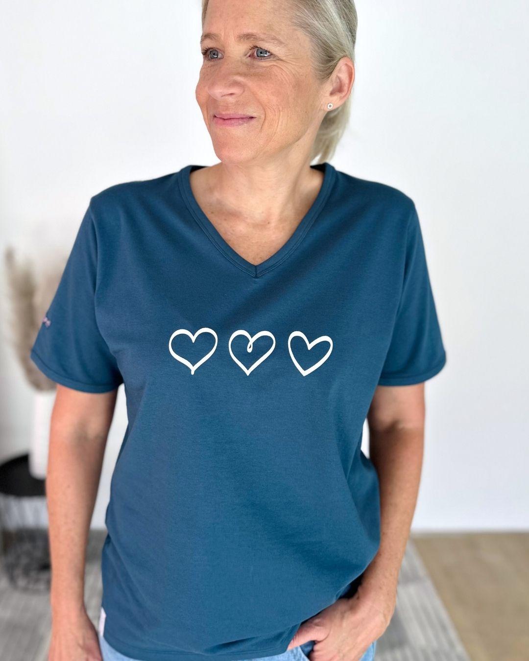 Herzlein® T-Shirt "Drei Herzen" in Petrol