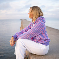 Herzlein® Hoodie mit Streifen Kapuzenpulli gestreifter Kapuzenpullover für Damen aus Baumwolle in den Farbe Lavendel Lila und Rosa
