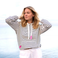 Herzlein® Hoodie mit Streifen Kapuzenpulli gestreifter Kapuzenpullover für Damen aus Baumwolle in den Farbe Weiss und Navy Blau