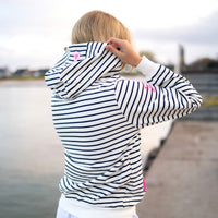 Herzlein® Hoodie mit Streifen Kapuzenpulli gestreifter Kapuzenpullover für Damen aus Baumwolle in den Farbe Weiss und Navy Blau