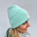 Herzlein® Kaschmir Mütze Strickmütze mit Umschlag und edlem Herzchen Stick in Mint Grün
