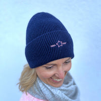 Herzlein® Kaschmir Mütze Strickmütze mit Umschlag und edlem Stern Stick in Navy Blau