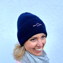 Herzlein® Kaschmir Mütze Strickmütze mit Umschlag und edlem Stern Stick in Navy Blau