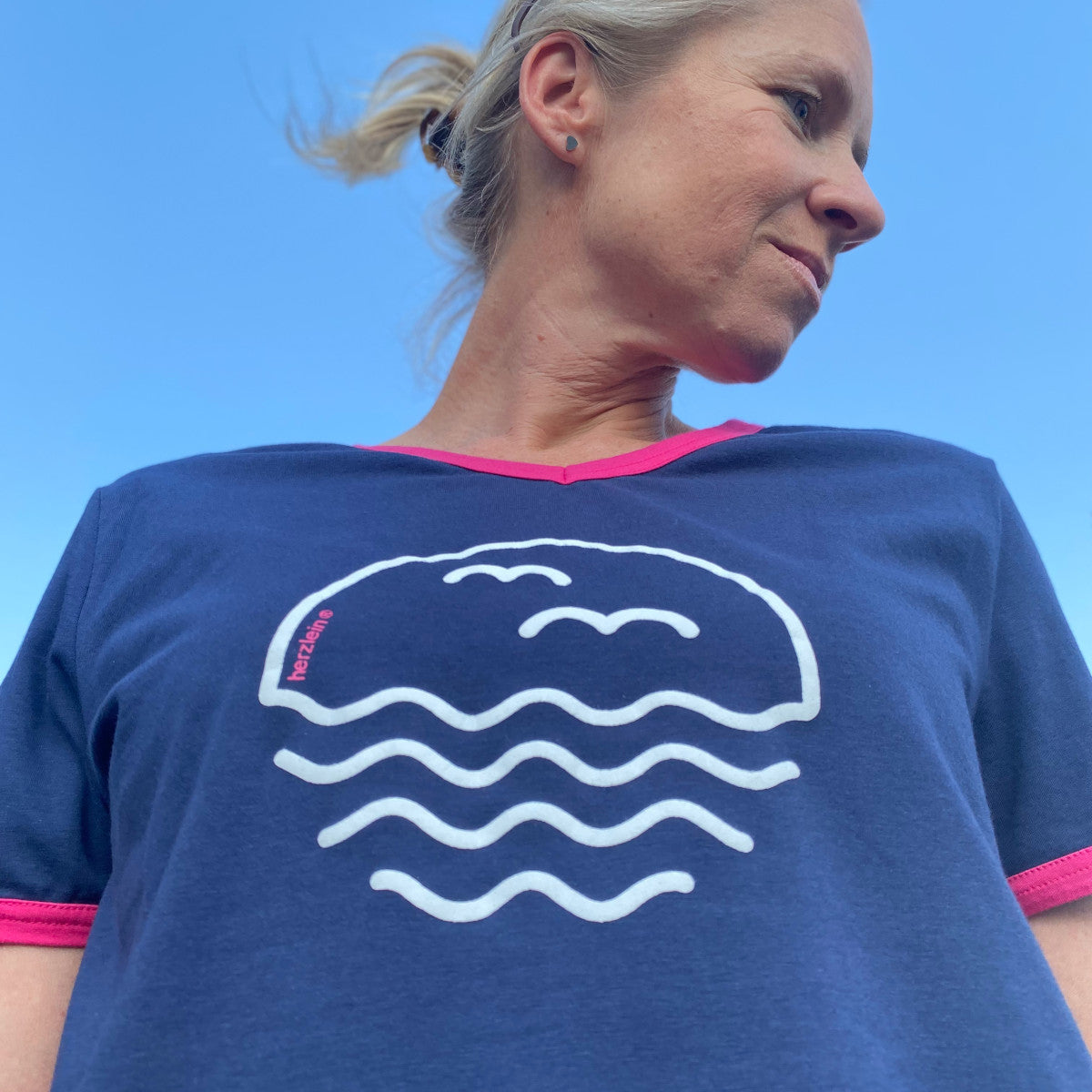 Herzlein® T-Shirt "Möwen" in Navy Blau mit Pink aus Baumwolle Shirt für Damen