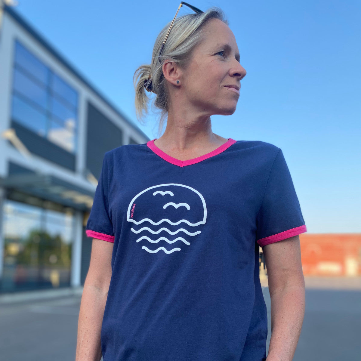 Herzlein® T-Shirt "Möwen" in Navy Blau mit Pink aus Baumwolle Shirt für Damen
