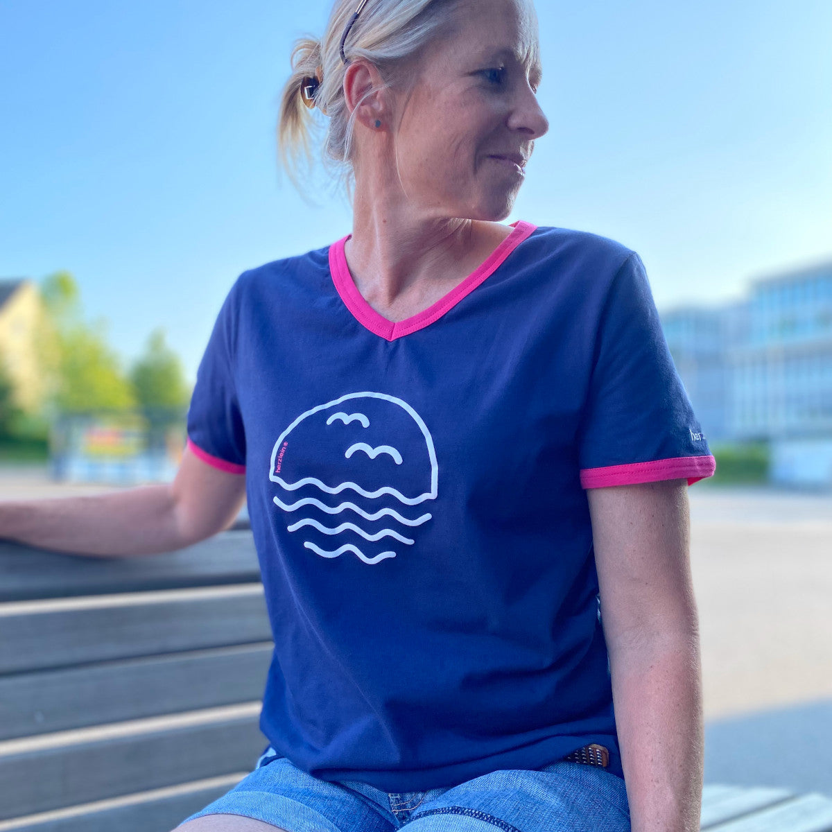 Herzlein® T-Shirt "Möwen" in Navy Blau mit Pink aus Baumwolle Shirt für Damen
