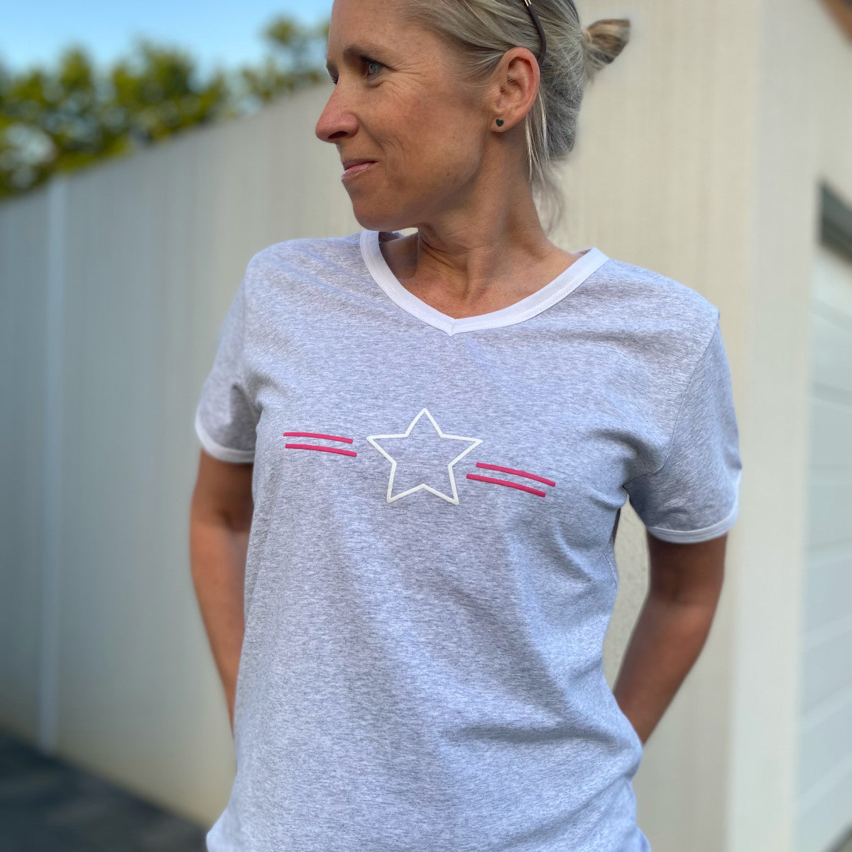 Herzlein® T-Shirt "STAR" Print in Pink und Weiss aus Baumwolle Shirt für Damen Hellgrau Grau Weiß meliert