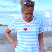 Herzlein® T-Shirt für Damen mit Flausch-Stick "LOVE" Damenshirt aus Baumwolle in hellblau und weiss gestreift mit Streifen
