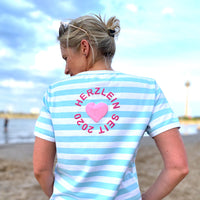 Herzlein® T-Shirt für Damen mit Flausch-Stick "LOVE" Damenshirt aus Baumwolle in hellblau und weiss gestreift mit Streifen