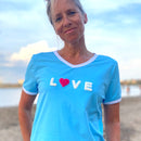Herzlein® T-Shirt für Damen mit Flausch-Stick "LOVE" Damenshirt aus Baumwolle in Blau Hellblau
