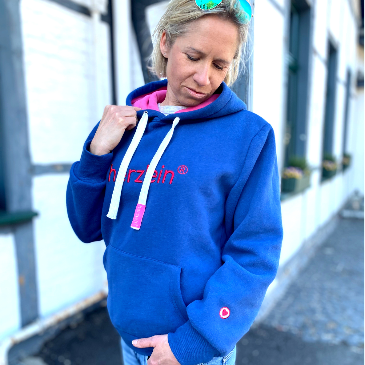 Herzlein® Hoodie Kapuzenpullover in Navy Blau für Damen Frauen Mädchen Baumwolle