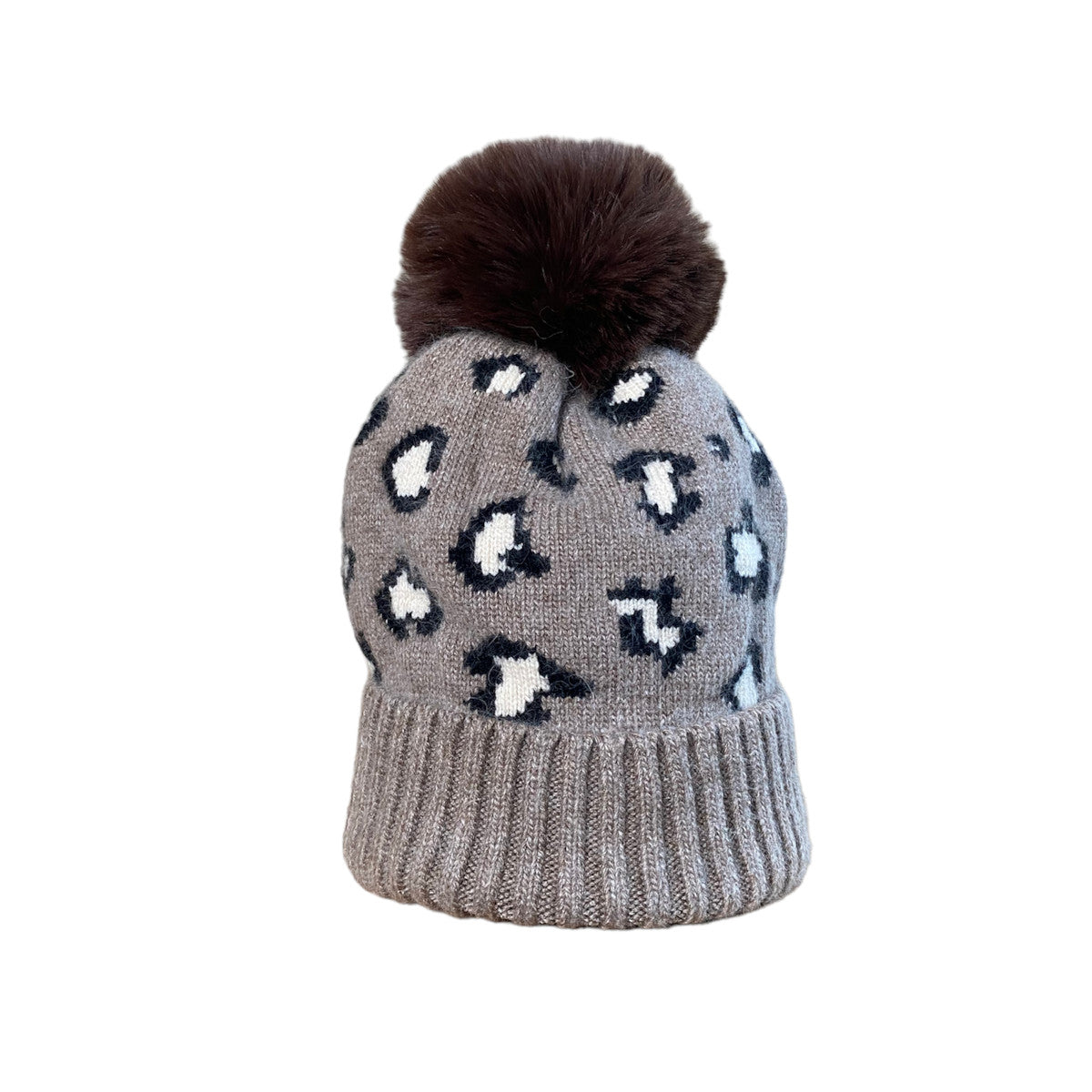 Herzlein® Kaschmir Mütze mit Leoprint und Puschel in Braun