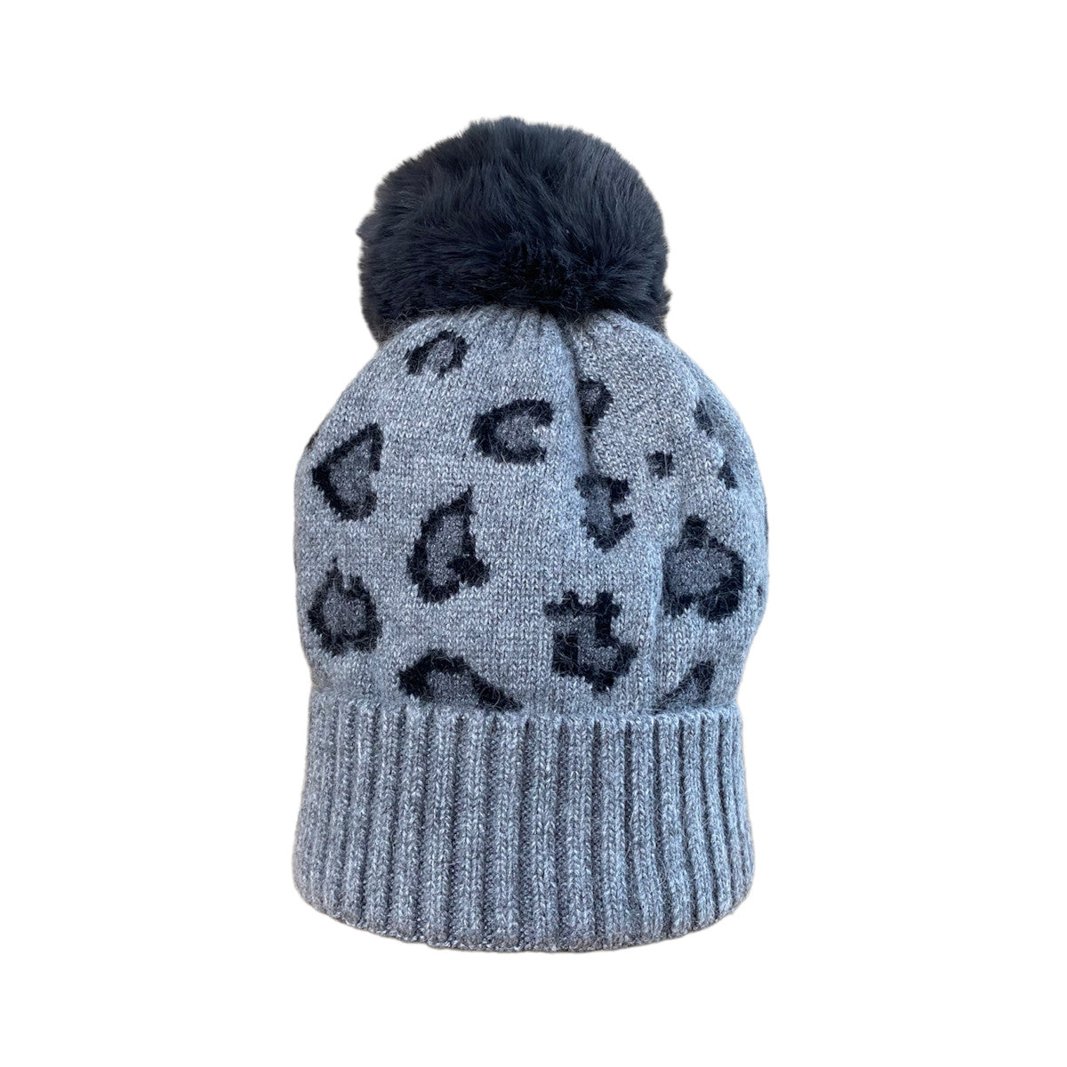 Herzlein® Kaschmir Mütze mit Leoprint und Puschel in Grau