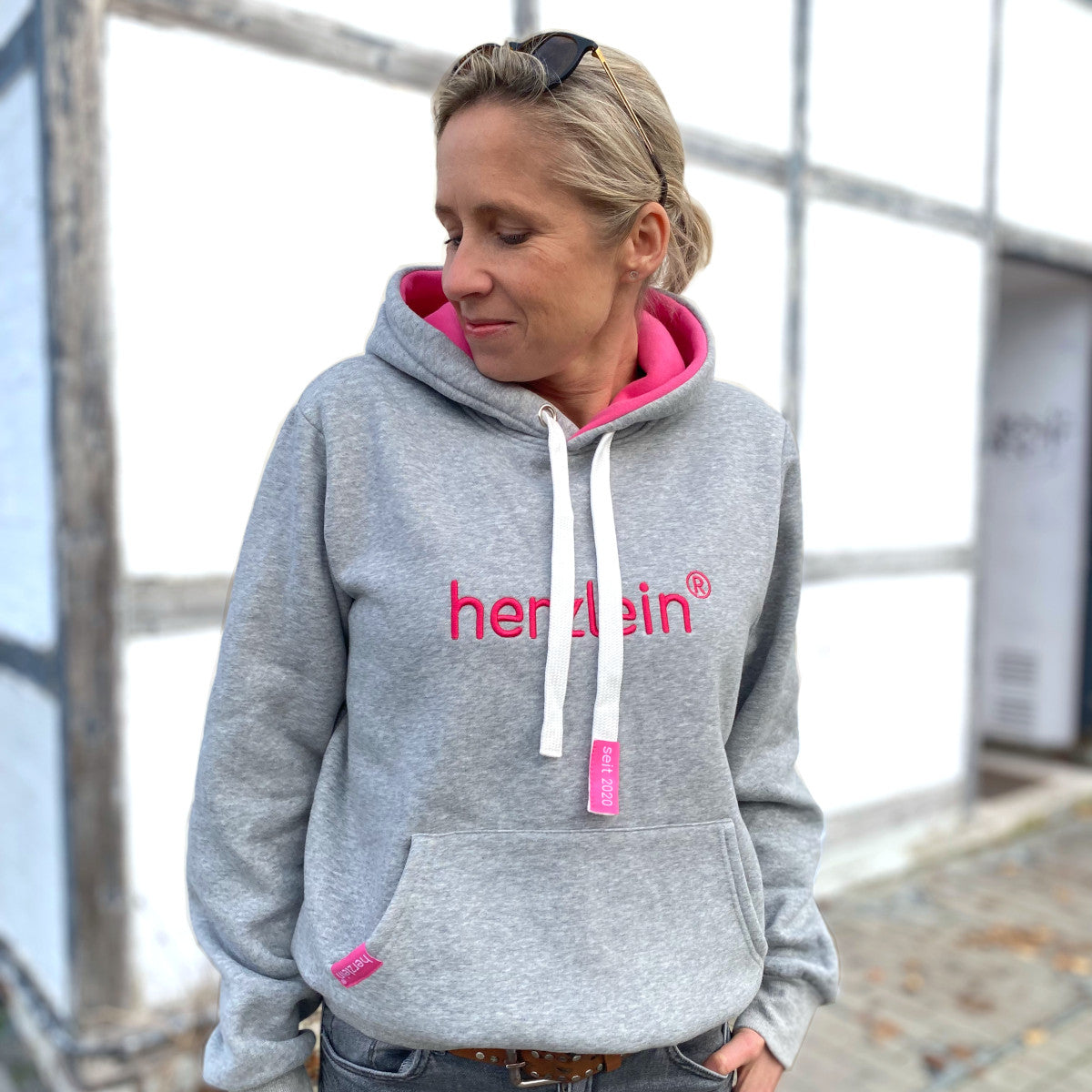 Herzlein® Hoodie Kapuzenpulli Kapuzenpullover Sweater mit Kapuze in Grau Hellgrau Weiss meliert