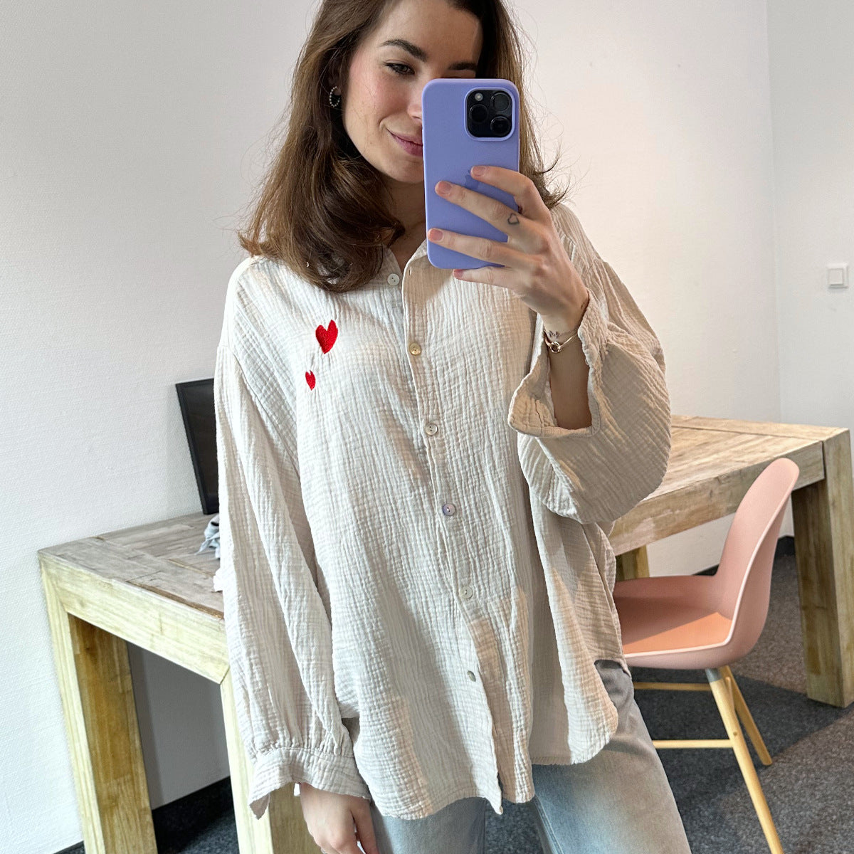 Herzlein Musselin Blouse Shirt Baumwolle Creme für Damen