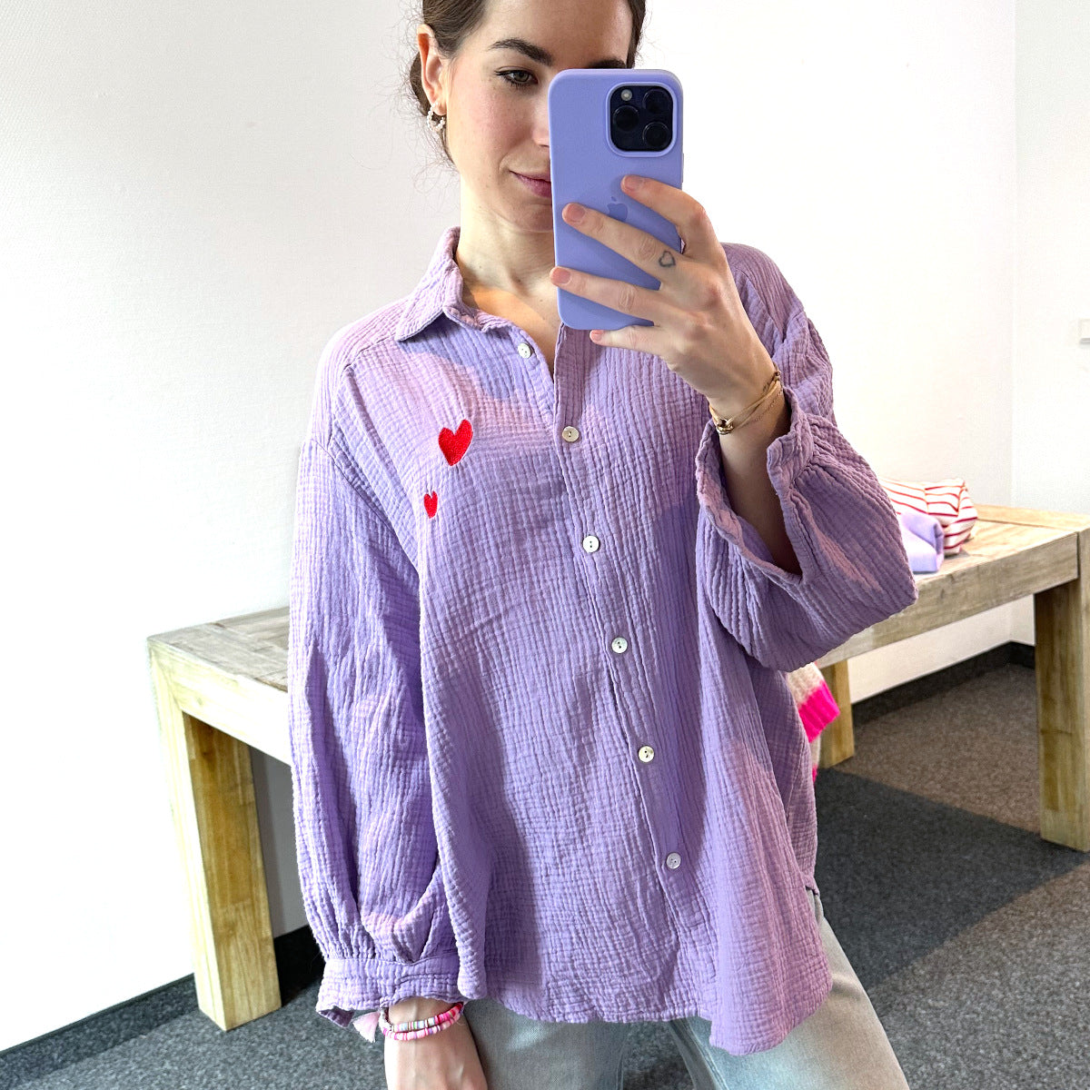 Musselin Blouse "Herzchen" in Lavendel