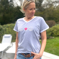 Herzlein® T-Shirt "Peace" in Hellgrau Grau Weiss meliert mit Pink aus Baumwolle Shirt für Damen