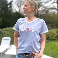Herzlein® T-Shirt "Peace" in Hellgrau Grau Weiss meliert mit Pink aus Baumwolle Shirt für Damen